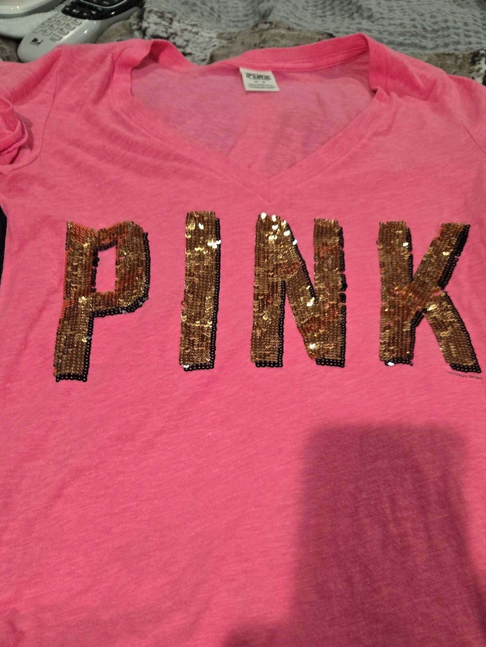 PINK Victoria's Secret Girls' Hot Pink V-Neck Tee with Gold Sequin Logo
